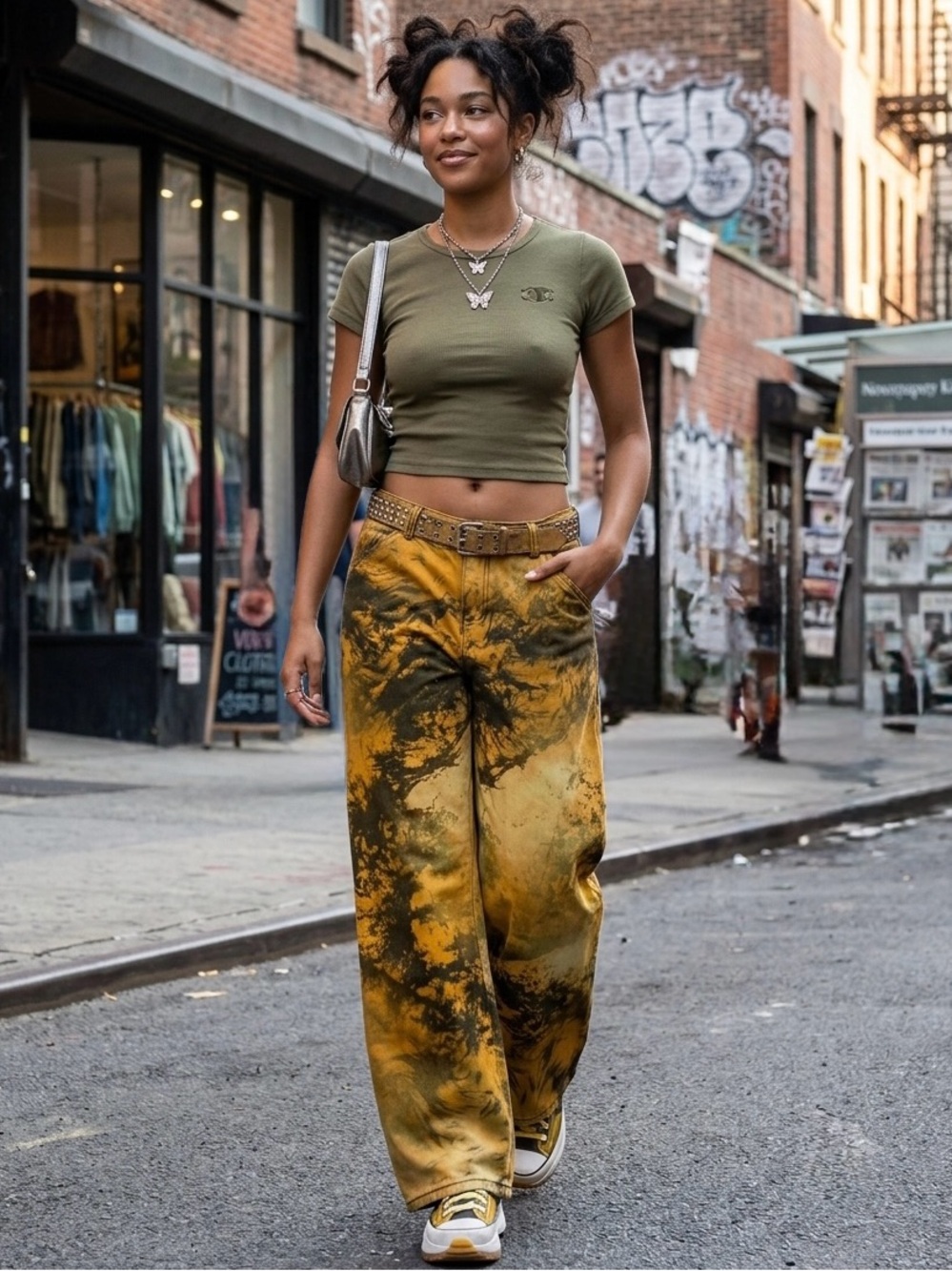 Machine Pour Neuf Mode Tie-Dye Bleach Print Pattern Wide Leg Pants Mustard/Black